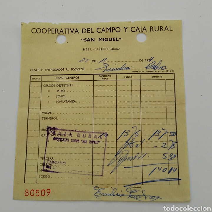 Facturas antiguas: Factura COOPERATIVA DEL CAMPO Y CAJA RURAL &rdquo;SAN MIGUEL&rdquo; - 1978