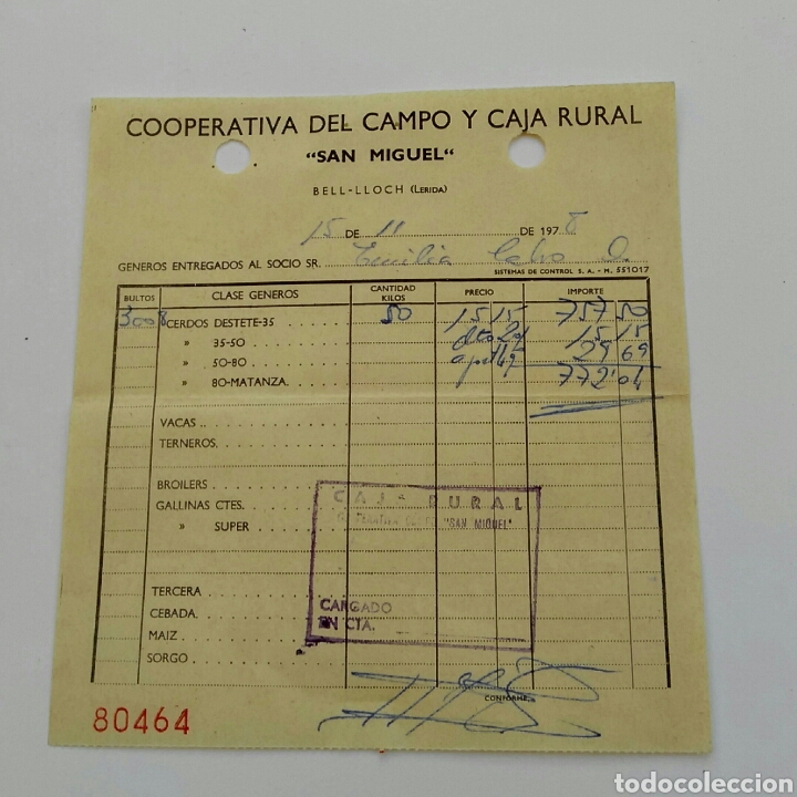 Facturas antiguas: Factura COOPERATIVA DEL CAMPO Y CAJA RURAL &rdquo;SAN MIGUEL&rdquo; - 1978