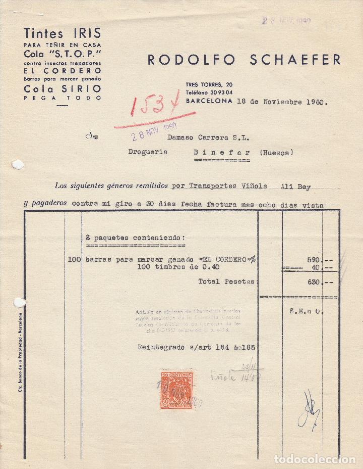 Factures anciennes: FACTURA. RODOLFO SCHAEFER. TINTES IRIS PARA TE&Ntilde;IR EN CASA. BARCELONA. 1960.