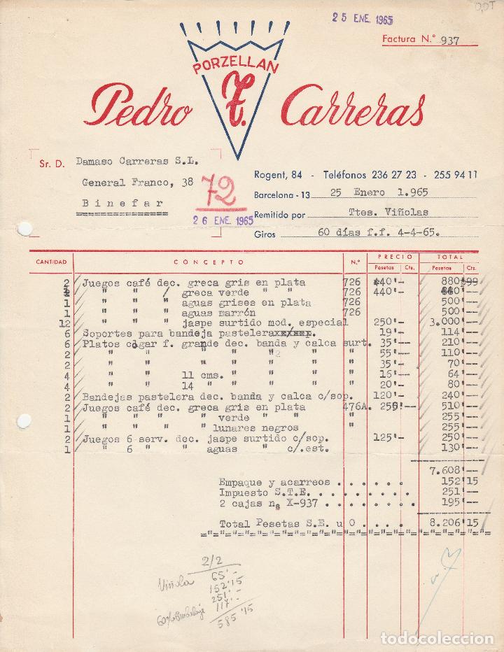Factures anciennes: FACTURA. PEDRO T. CARRERAS. PORZELLAN. BARCELONA. 1965.