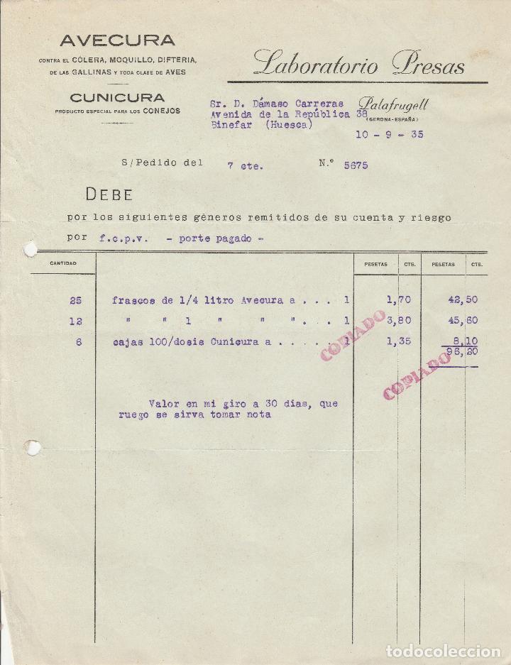 Factures anciennes: FACTURA. LABORATORIO PRESAS. AVECURA - CUNICURA. PALAFRUGELL-GERONA. 1935.