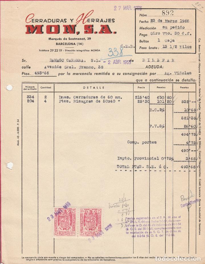Factures anciennes: FACTURA. CERRADURAS Y HERRAJES. MON, S.A. BARCELONA. 1956.