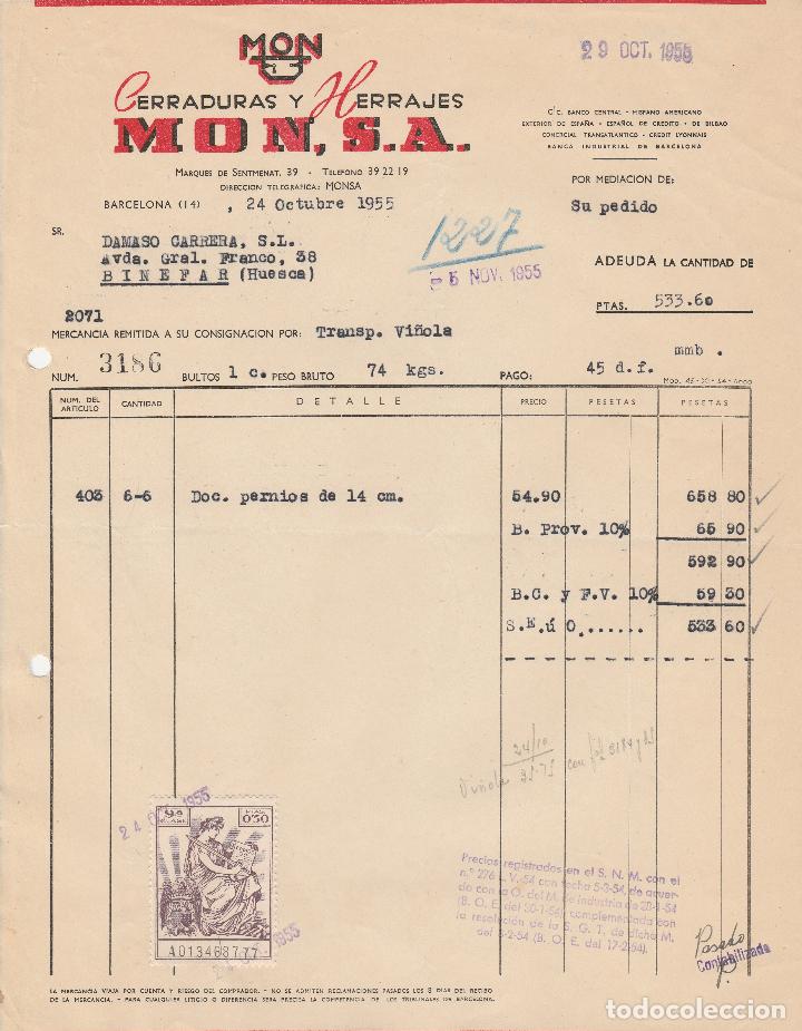 Factures anciennes: FACTURA. CERRADURAS Y HERRAJES. MON, S.A. BARCELONA. 1955.