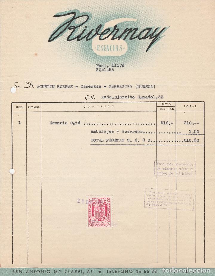 Factures anciennes: FACTURA. RIVERMAY. SESENCIAS. BARCELONA 1956.