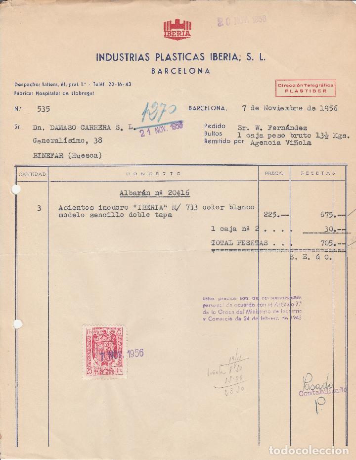 Factures anciennes: FACTURA. INDUSTRIAS PL&Aacute;STICAS IBERIA,S.L. BARCELONA. 1956.