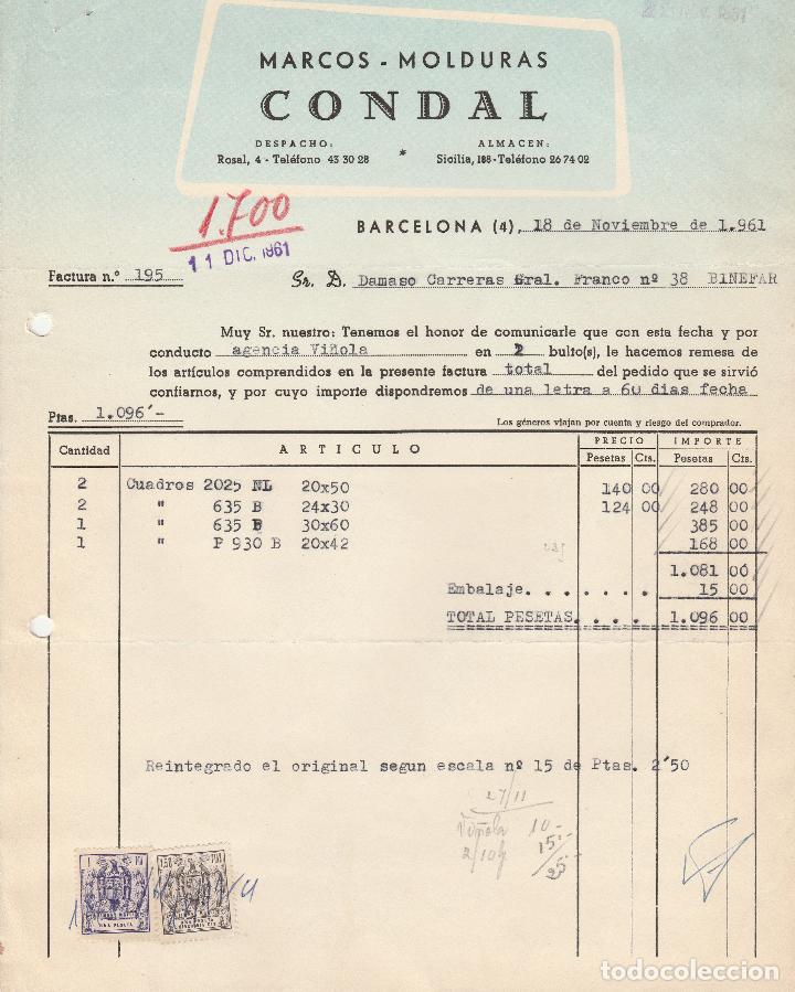 Factures anciennes: FACTURA. MARCOS - MOLDURAS CONDAL. BARCELONA. 1961.