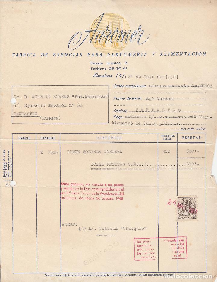 Factures anciennes: FACTURA. AUROMER. F&Aacute;BRICA DE ESENCIAS PARA PERFUMER&Iacute;A. BARCELONA. 1961.
