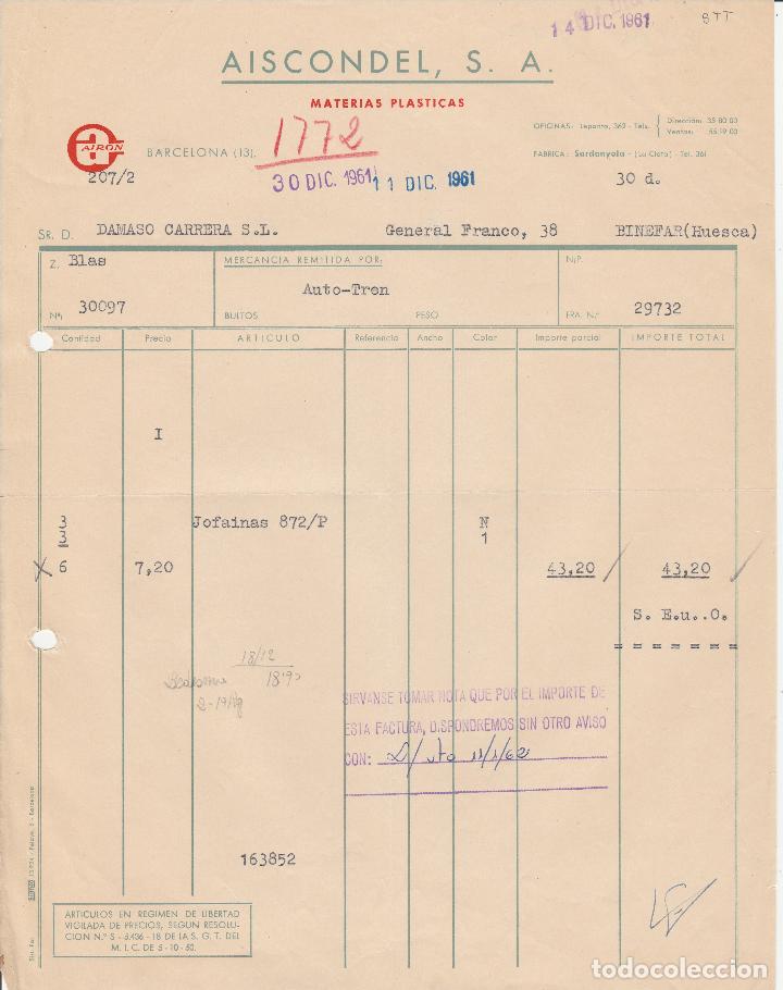 Factures anciennes: FACTURA. AISCONDEL, S.A. MATERIAS PL&Aacute;STICAS.  BARCELONA.  1961.