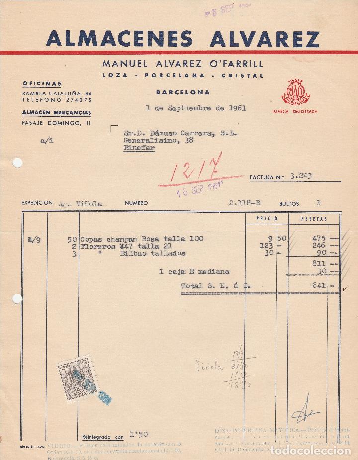 Factures anciennes: FACTURA. ALMACENES ALVAREZ. MANUEL ALVAREZ O`FARRILL. BARCELONA. 1961.