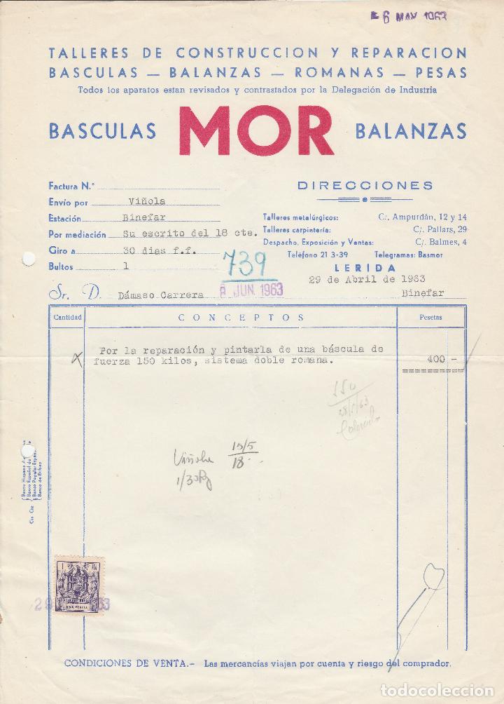 Factures anciennes: FACTURA. BASCULAS MOR BALANZAS. ROMANAS-PESAS-B&Aacute;SCULAS-BALANZAS. L&Eacute;RIDA. 1963.
