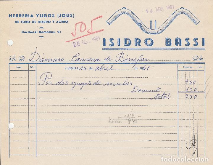 Alte Rechnungen: FACTURA. ISIDRO BASSI. HERRERIA YUGOS DE TUBO DE HIERRO Y ACERO. LERIDA. 1961.