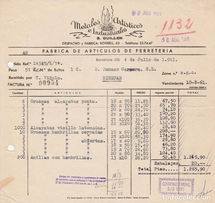 Alte Rechnungen: FACTURA. METALES ART&Iacute;STICOS E INDUSTRIALES. S. GUILLEN. BARCELONA. 1961.