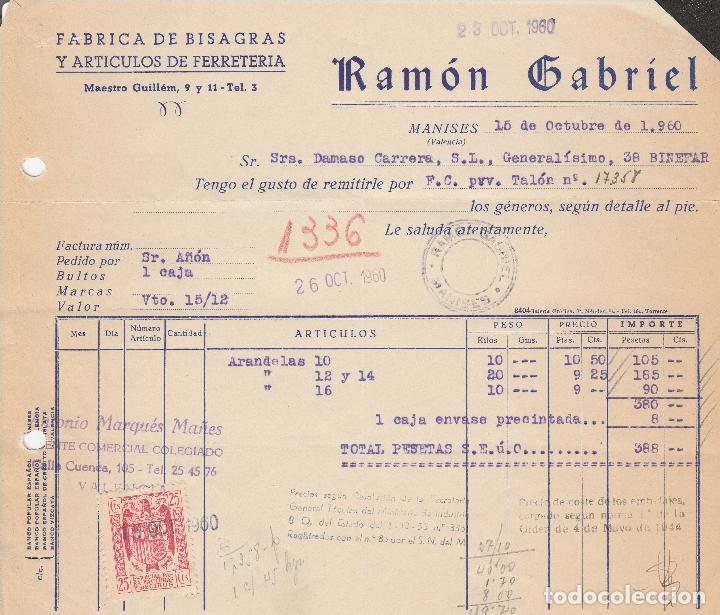 Alte Rechnungen: FACTURA. RAM&Oacute;N GABRIEL. F&Aacute;BRICA DE BISAGRAS. MANISES-VALENCIA. 1960