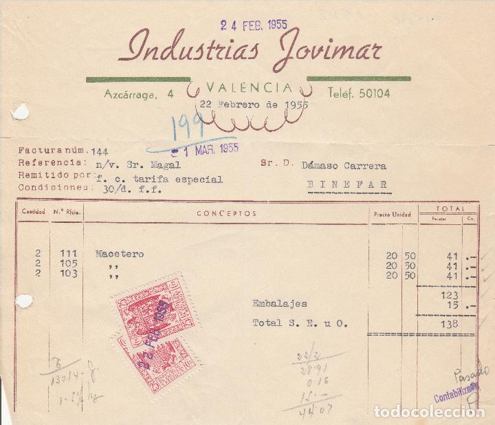 Alte Rechnungen: FACTURA. INDUSTRIAS JOVIMAR. VALENCIA. 1955.