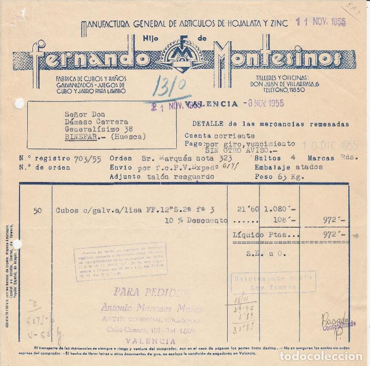 Alte Rechnungen: FACTURA. HIJO DE FERNANDO MONTESINOS. ART&Iacute;CULOS DE HOJALATA Y ZINC. VALENCIA. 1955.