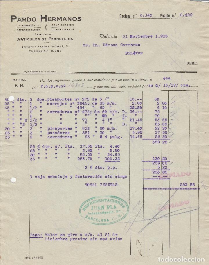 Alte Rechnungen: FACTURA. PARDO HERMANOS. ART&Iacute;CULOS DE FERRETER&Iacute;A. VALENCIA. 1935.