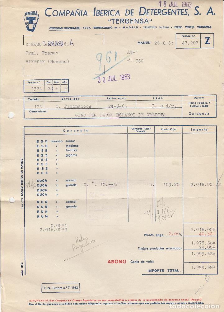 Alte Rechnungen: FACTURA. COMPA&Ntilde;IA IBERICA DE DETERGENTES, S.A. TERGENSA. MADRID. 1963.