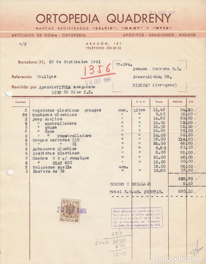 Alte Rechnungen: FACTURA.  ORTOPEDIA QUADRENY.  BARCELONA. 1961.