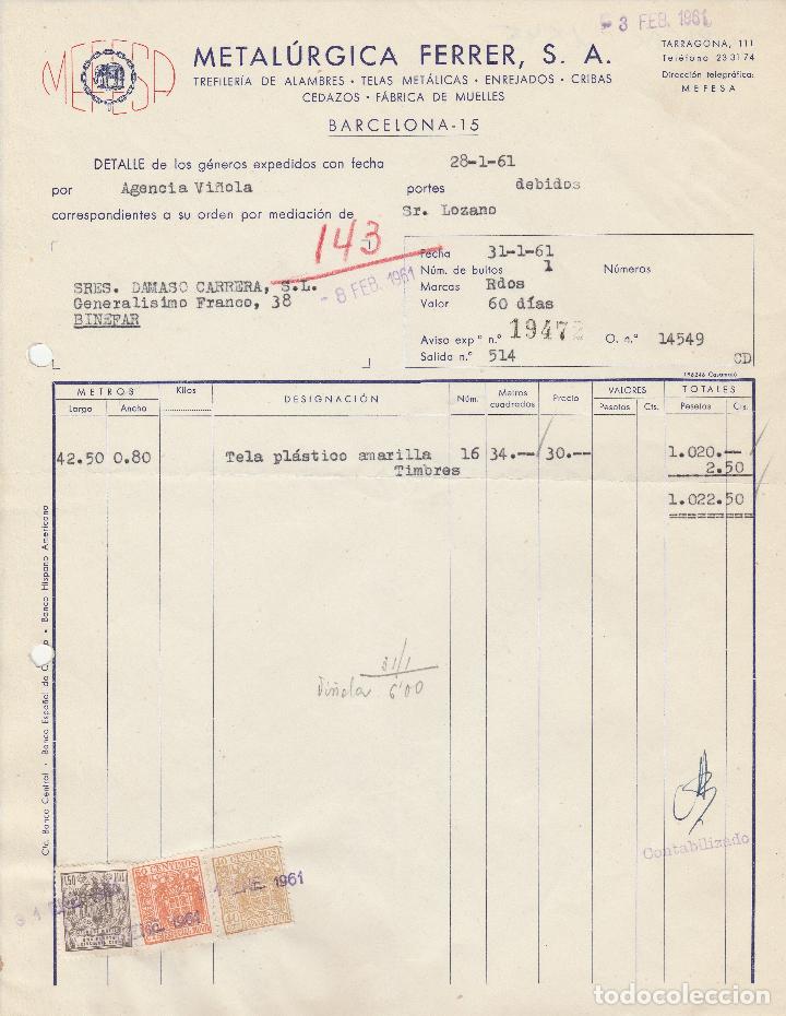 Alte Rechnungen: FACTURA.  METAL&Uacute;RGICA FERRER, S.A. BARCELONA. 1961.