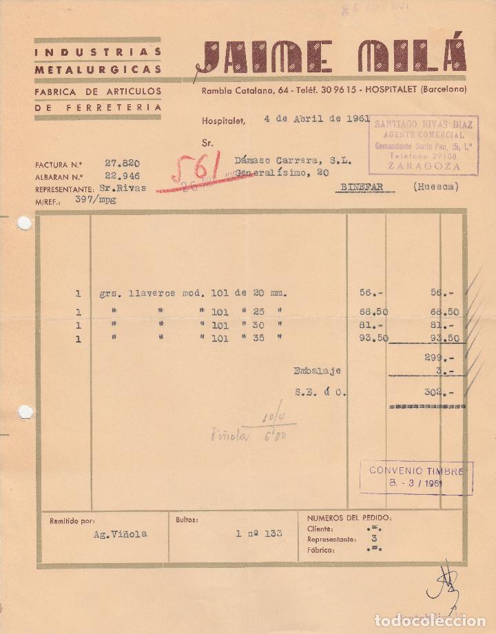 Alte Rechnungen: FACTURA.  JAIME MILA. HOSPITALET-BARCELONA. 1961.