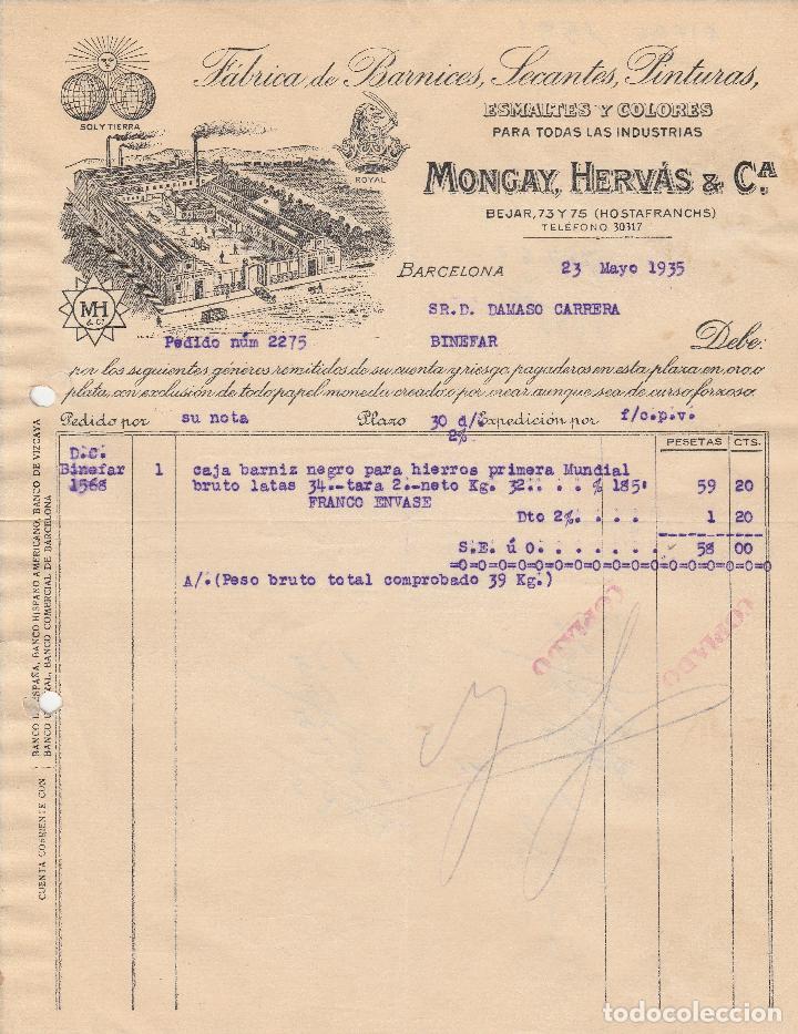 Factures anciennes: FACTURA. F&Aacute;BRICA DE BARNICES, SECANTES PINTURAS. MONGAY, HERVAS & CA. BARCELONA. 1935.