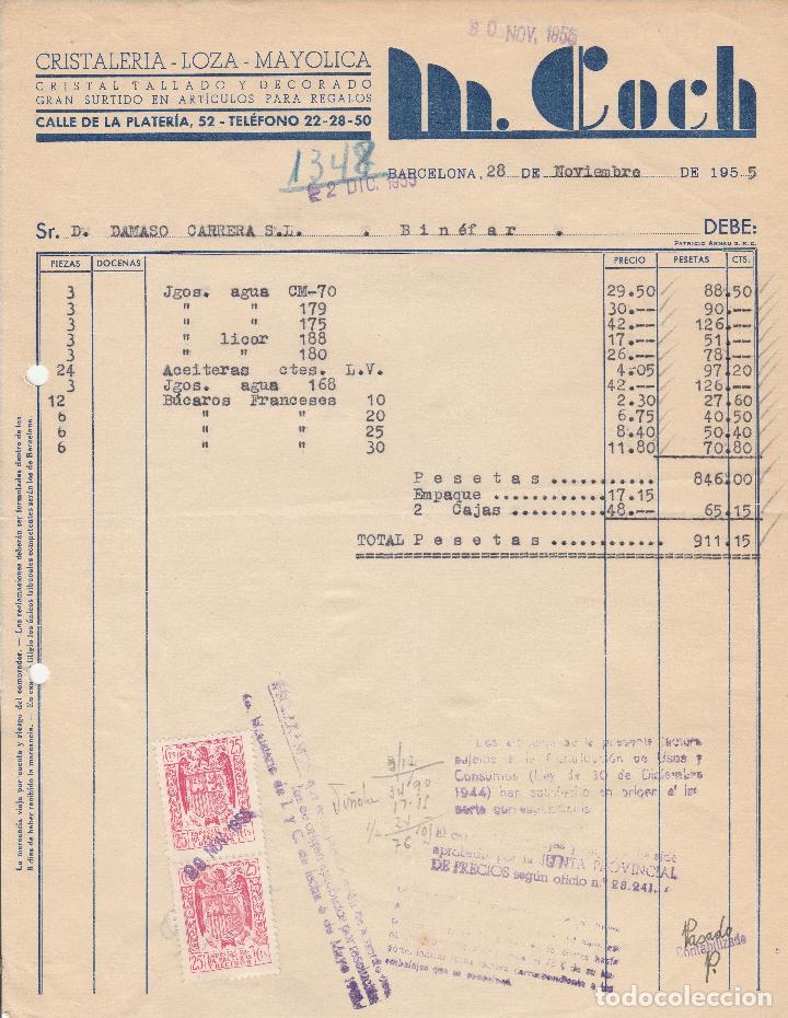 Factures anciennes: FACTURA. M. COCH. CRISTALER&Iacute;A-LOZA-MAYOLICA. BARCELONA. 1955.