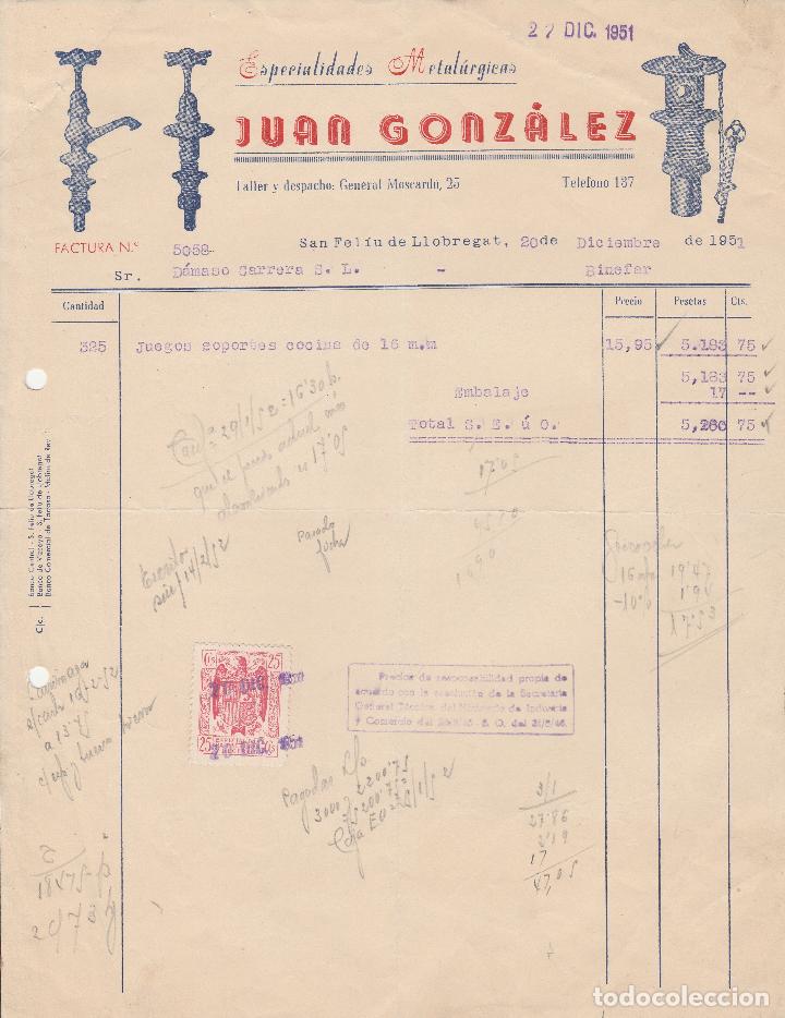 Factures anciennes: FACTURA. JUAN GONZALEZ. SAN FEL&Iacute;U DE LLOBREGAT. 1951.