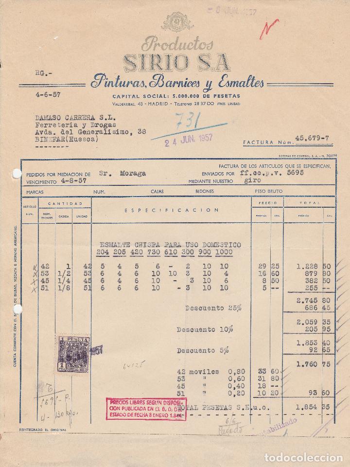Factures anciennes: FACTURA. PRODUCTOS SIRIO, S.A, PINTURAS.BARNICES Y ESMALTES. MADRID. 1957.