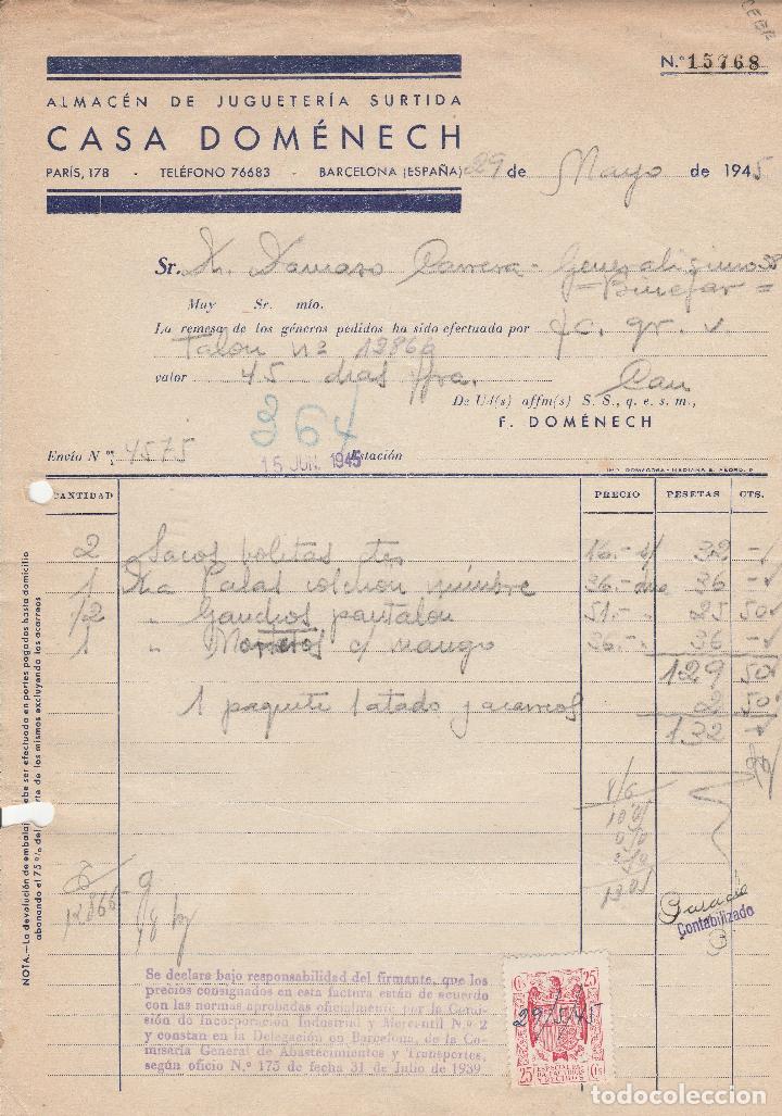 Factures anciennes: FACTURA. CASA DOMENECH. ALMAC&Eacute;N DE JUGUETER&Iacute;A SURTIDA. BARCELONA. 1945.