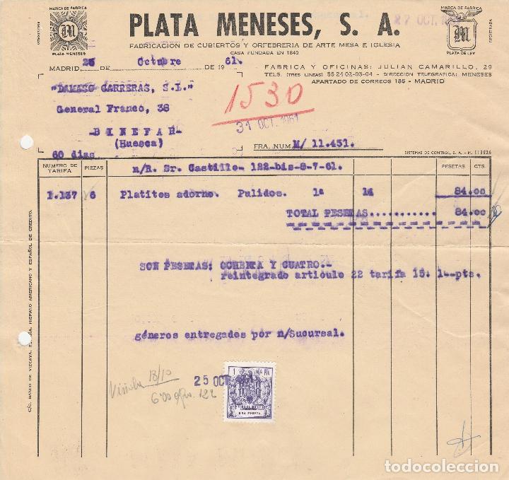 Factures anciennes: FACTURA. PLATA MENESES, S.A. FABRICACI&Oacute;N DE CUBIERTOS. MADRID. 1961.