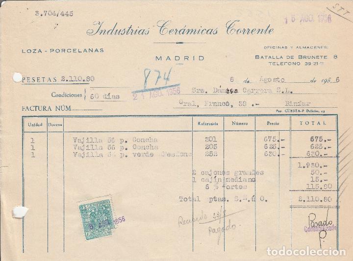 Factures anciennes: FACTURA. INDUSTRIAS CER&Aacute;MICAS TORRENTE. LOZA-PORCELANA. MADRID. 1956.