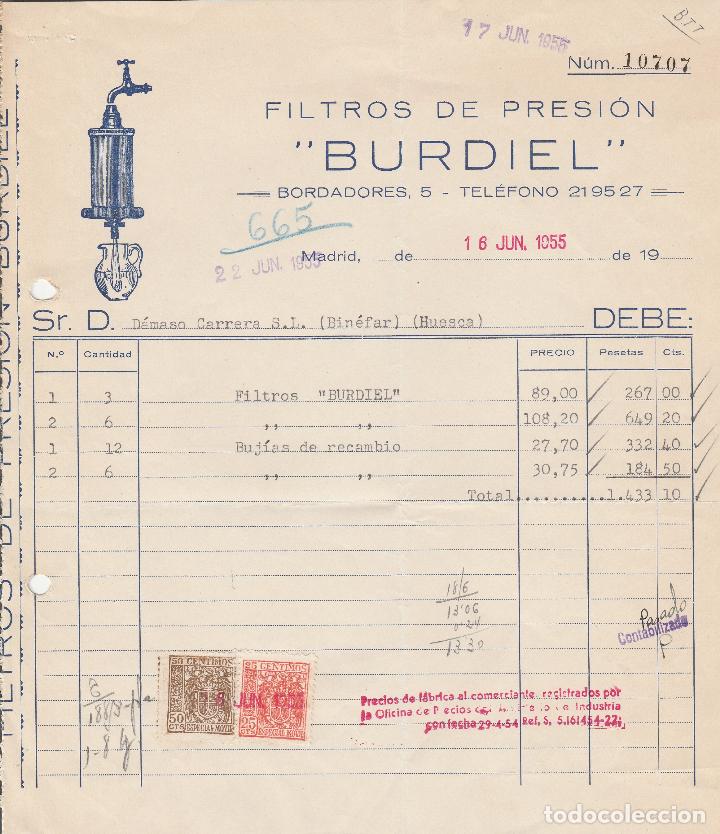 Factures anciennes: FACTURA. FILTROS DE PRESI&Oacute;N. BURDIEL. MADRID. 1955.