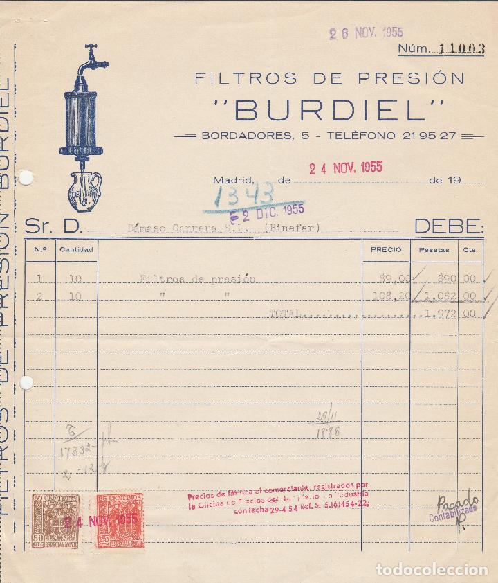 Factures anciennes: FACTURA. FILTROS DE PRESI&Oacute;N. BURDIEL. MADRID. 1955.