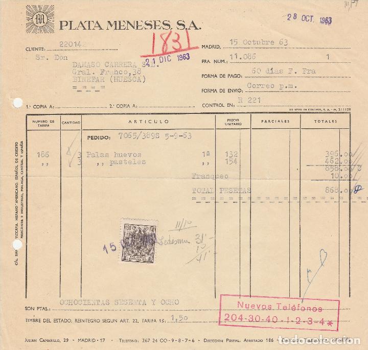 Factures anciennes: FACTURA. PLATA MENESES, S.A. FABRICACI&Oacute;N DE CUBIERTOS. MADRID. 1963.