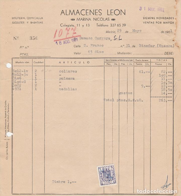 Factures anciennes: FACTURA. ALMACENES LE&Oacute;N. MARINA NICOLAS. MADRID. 1961.