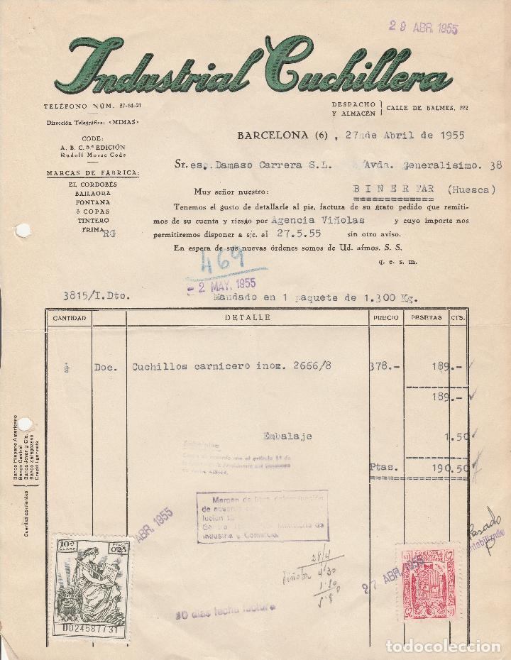 Factures anciennes: FACTURA. INDUSTRIAL CUCHILLERA.  BARCELONA.  1955.