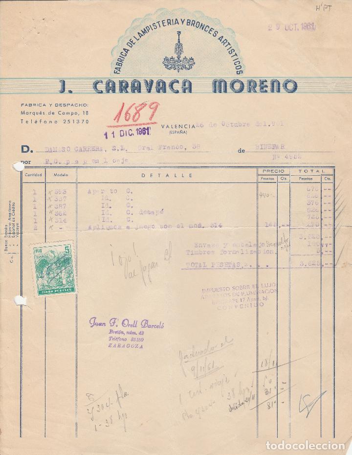 Factures anciennes: FACTURA. J.CARAVACA MORENO. F&Aacute;BRICA DE LAMPISTERIA Y BRONCES ART&Iacute;STICOS. VALENCIA.1961
