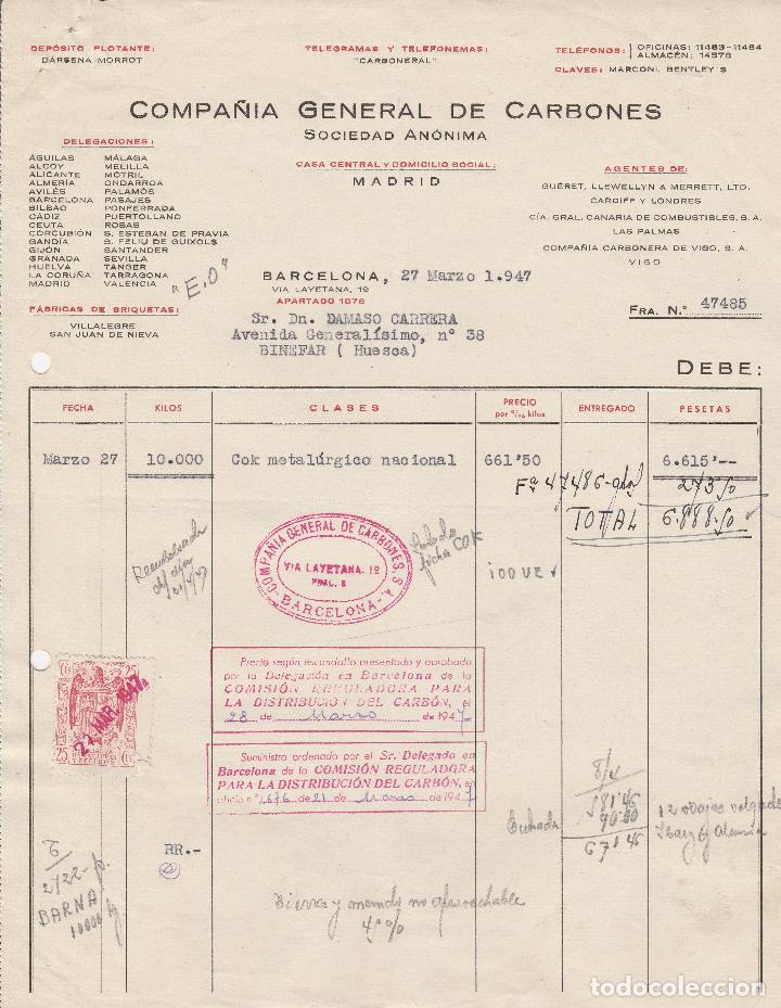 Factures anciennes: FACTURA. COMPA&Ntilde;&Iacute;A GENERAL DE CARBONES. SOCIEDAD AN&Oacute;NIMA. MADRID. 1947.