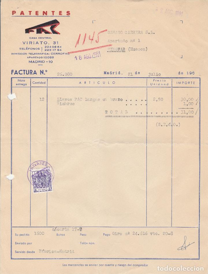 Factures anciennes: FACTURA. PATENTES FAC. LLAVES FAC. MADRID. 1961.
