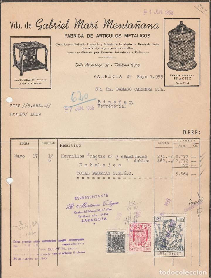 Factures anciennes: FACTURA. VDA. DE GABRIEL MARI MONTA&Ntilde;ANA. FABRICA DE ARTICULOS MET&Aacute;LICOS. VALENCIA. 1955.