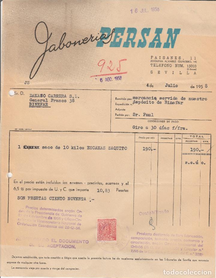 Factures anciennes: FACTURA. JABONERIAS PERSAN. SEVILLA. 1958.