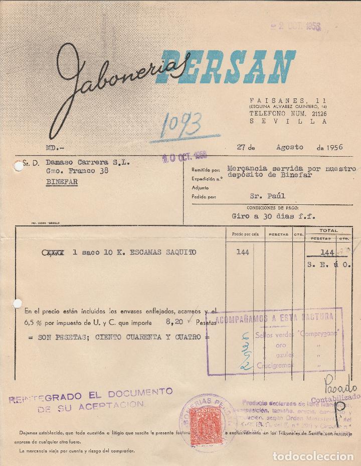 Factures anciennes: FACTURA. JABONER&Iacute;AS PERSAN. SEVILLA. 1956.