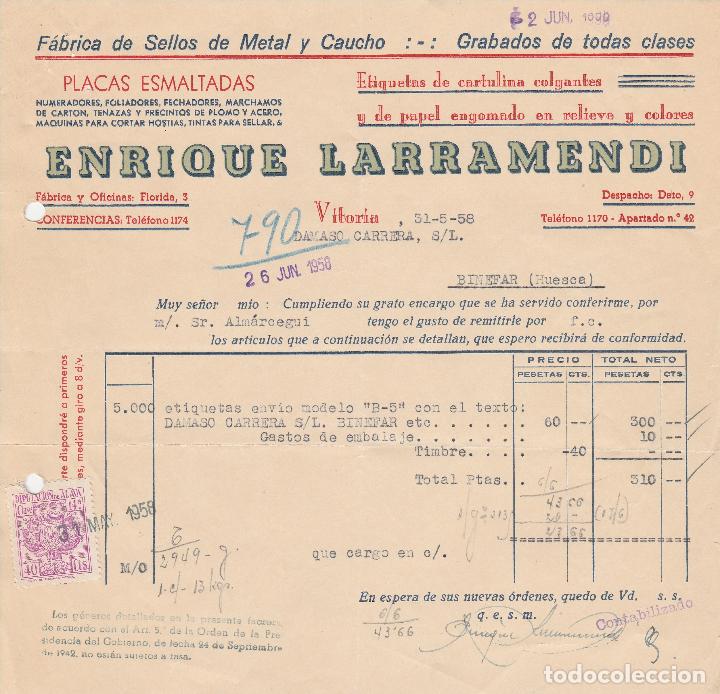 Factures anciennes: FACTURA. ENRIQUE LARRAMENDI. F&Aacute;BRICA DE SELLOS DE METAL Y CAUCHO. VITORIA. 1958.