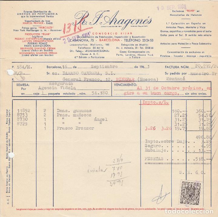 Factures anciennes: FACTURA. R.F.ARAGON&Eacute;S. CONSORCIO RIJAS. BARCELONA. 1961.