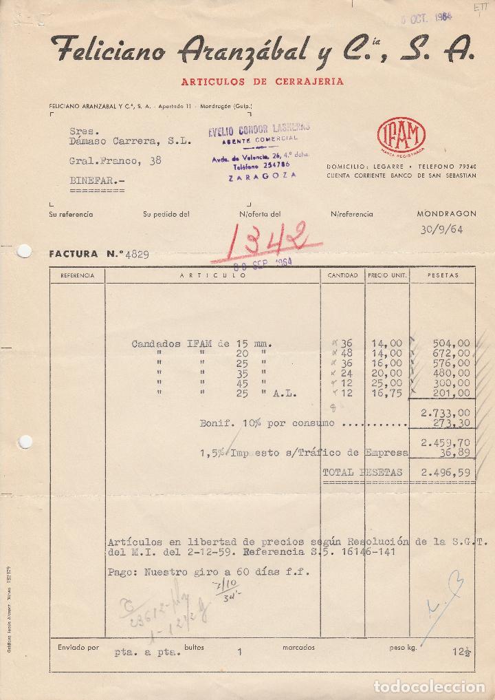 Factures anciennes: FACTURA. FELICIANO ARANZABAL Y CIA. S.R.G. ART&Iacute;CULOS DE CERRAJER&Iacute;A. MONDRAGON-GUIPUZCOA.1964.