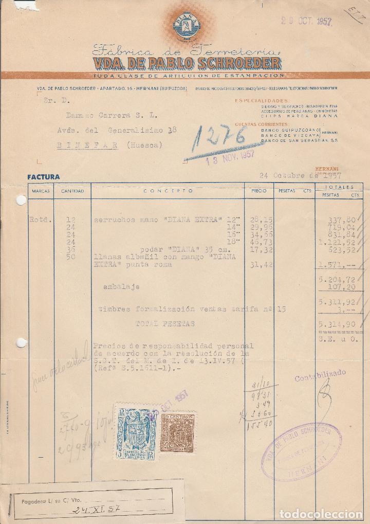 Factures anciennes: FACTURA. VDA. DE PABLO SCHROEDER. F&Aacute;BRICA DE FERRETERIA. HERNANI. GUIPUZCOA. 1957.