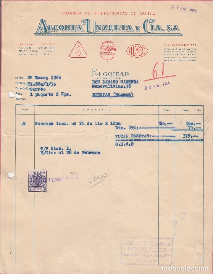 Factures anciennes: FACTURA. ALCORTA UNZUETA Y CIA, S.A. F&Aacute;BRICA HERRAMIENTAS DE CORTE. ELGOIBAR-GUIPUZCOA. 1964.