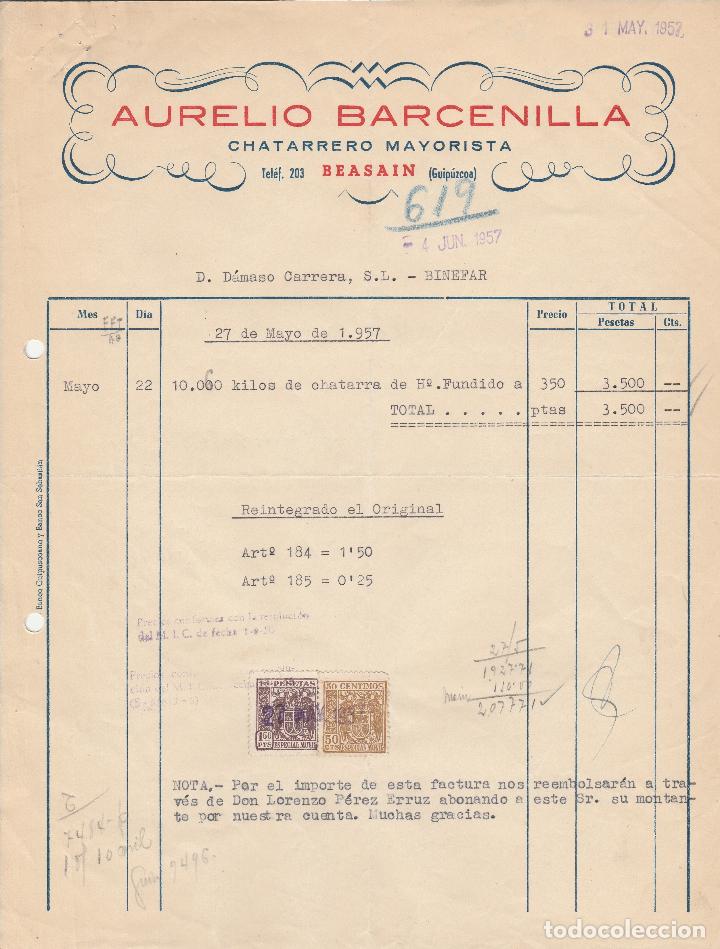 Factures anciennes: FACTURA. AURELIO BARCENILLA. CHATARRERO MAYORISTA. BEASAIN-GUIPUZCOA. 1957.