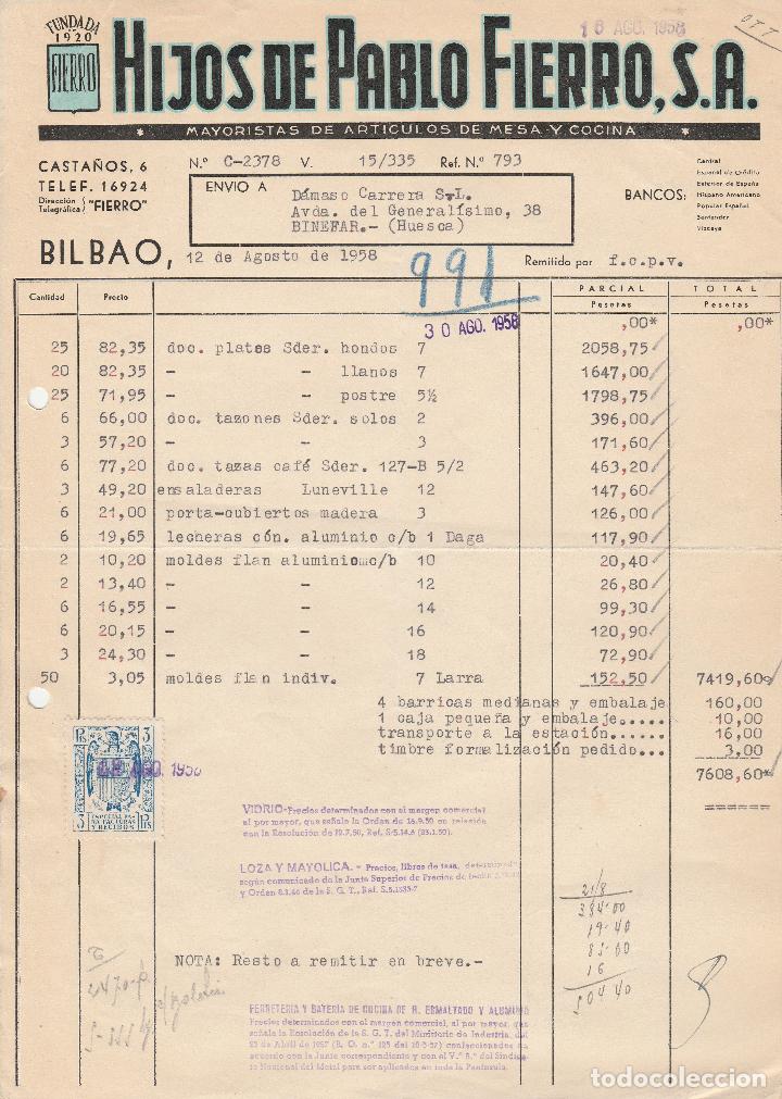 Factures anciennes: FACTURA. HIJOS DE PABLO FIERRO. S.A. MAYORISTA DE ART&Iacute;CULOS DE MESA Y COCINA. BILBAO. 1958.