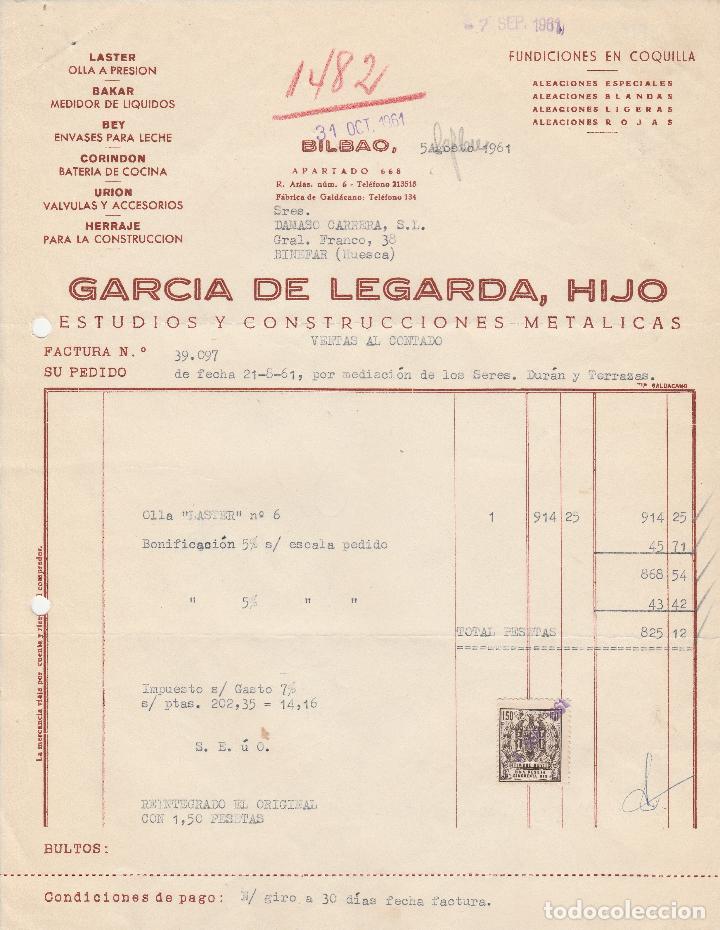 Factures anciennes: FACTURA. GARCIA DE LEGARDA, HIJO. ESTUDIOS Y CONSTRUCCIONES METALICAS. BILBAO. 1961.
